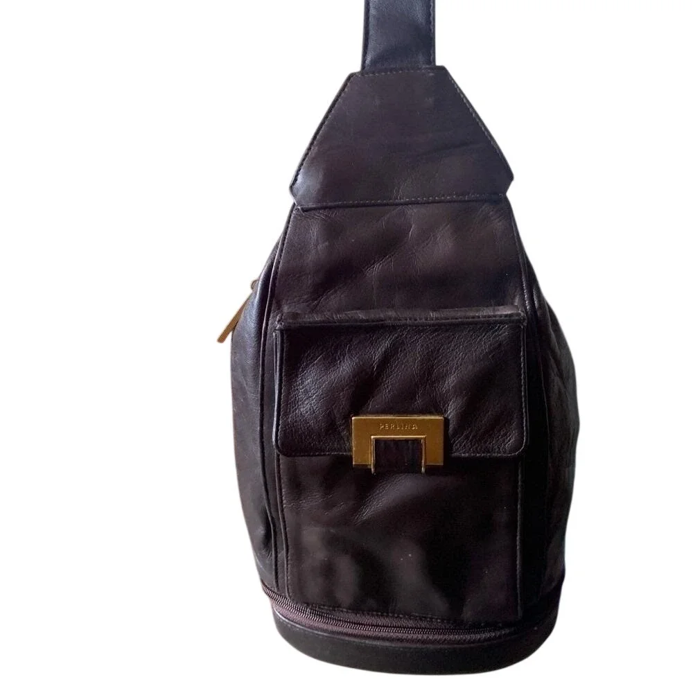 Perlina Sling Backpack Women OS Dark‎ Brown Good Leather Teardrop Gold purse